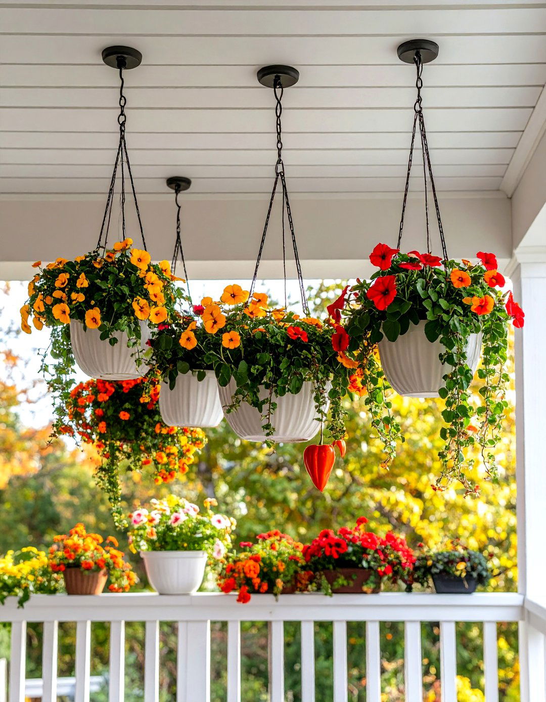 Hanging Planters with Fall Foliage - 30 fall outdoor decorating ideas