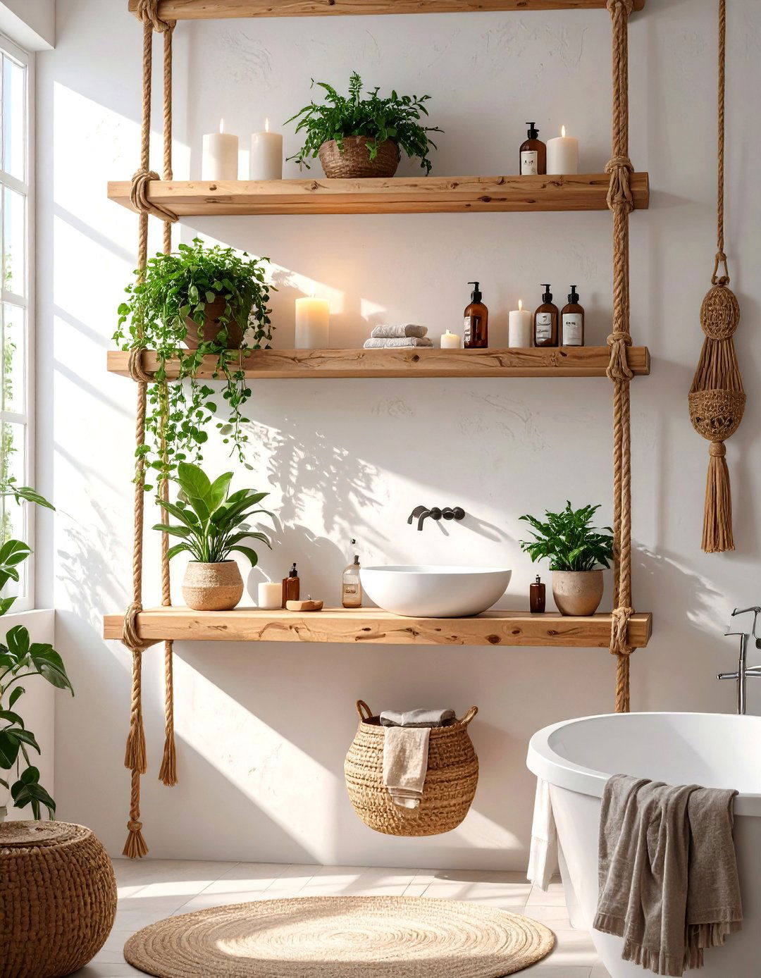 Hanging Rope Bathroom Shelf - 30 bathroom shelf ideas