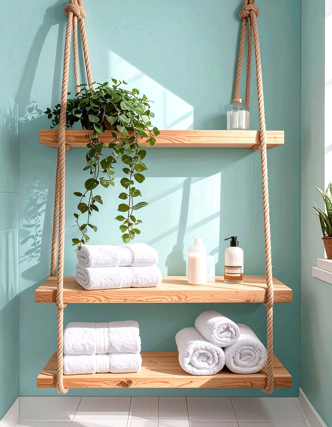 Hanging Rope Shelves - 30 shelves very small bathroom storage ideas