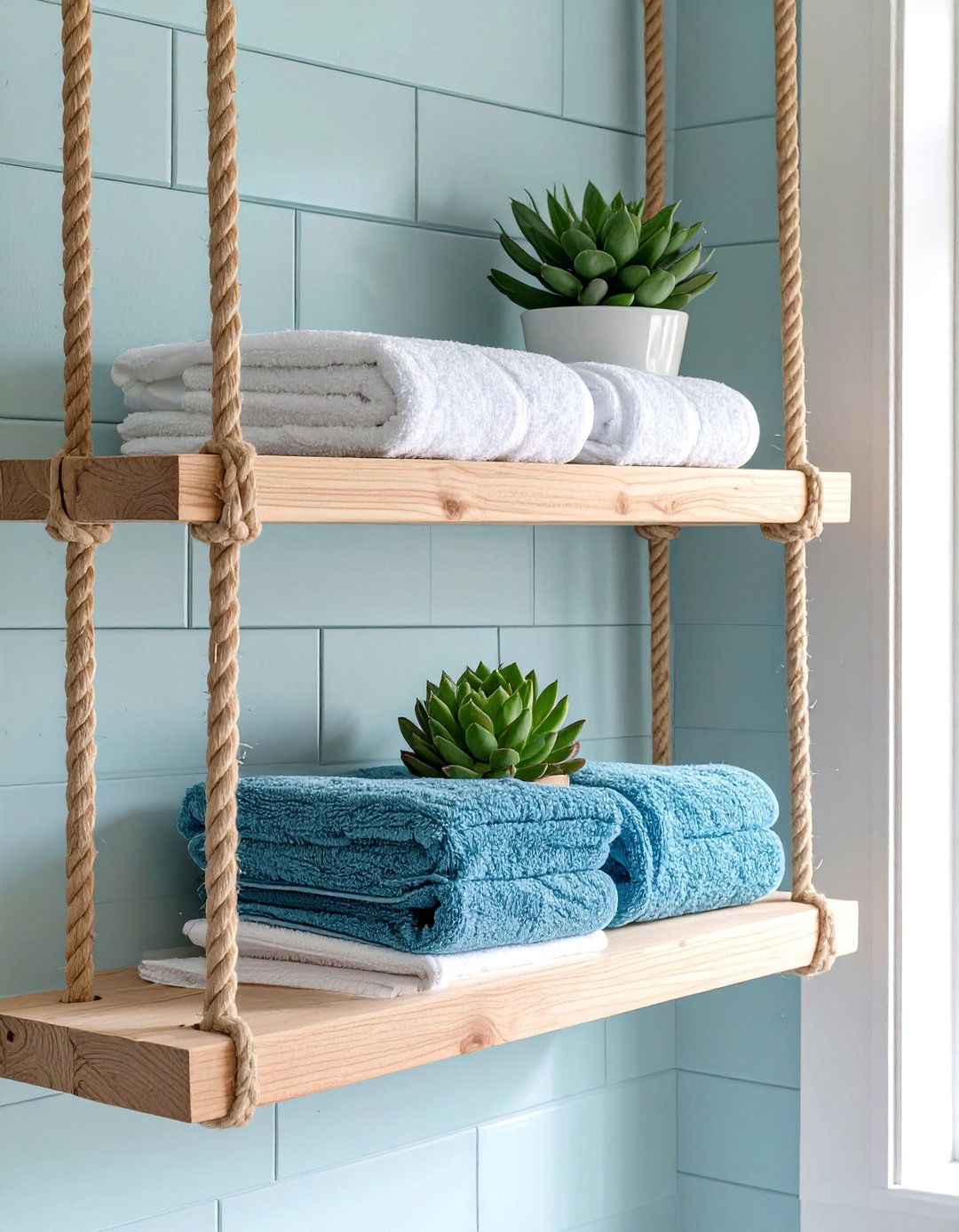 Hanging Rope Shelves - 30 bathroom towel storage ideas