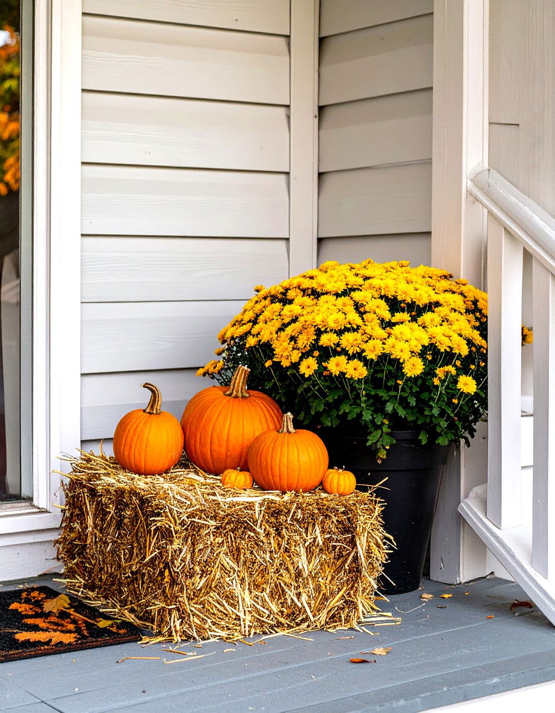 Hay Bale Accent - 30 small front porch fall decorating ideas