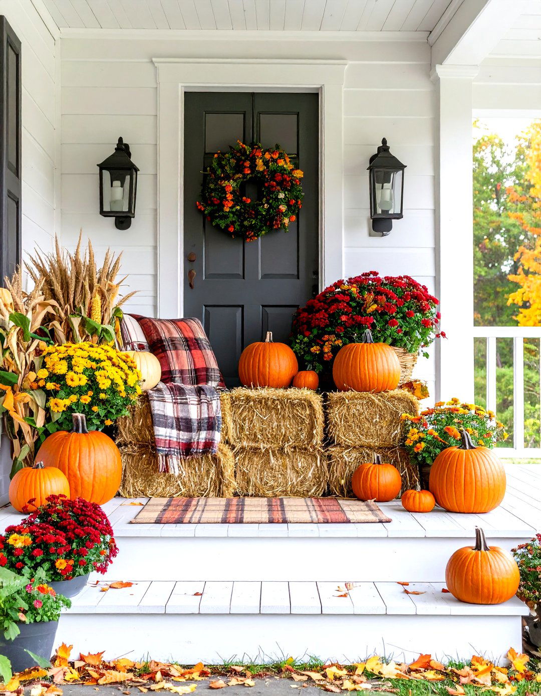 Hay Bale Porch Seating Arrangement - 30 fall porch decorating ideas