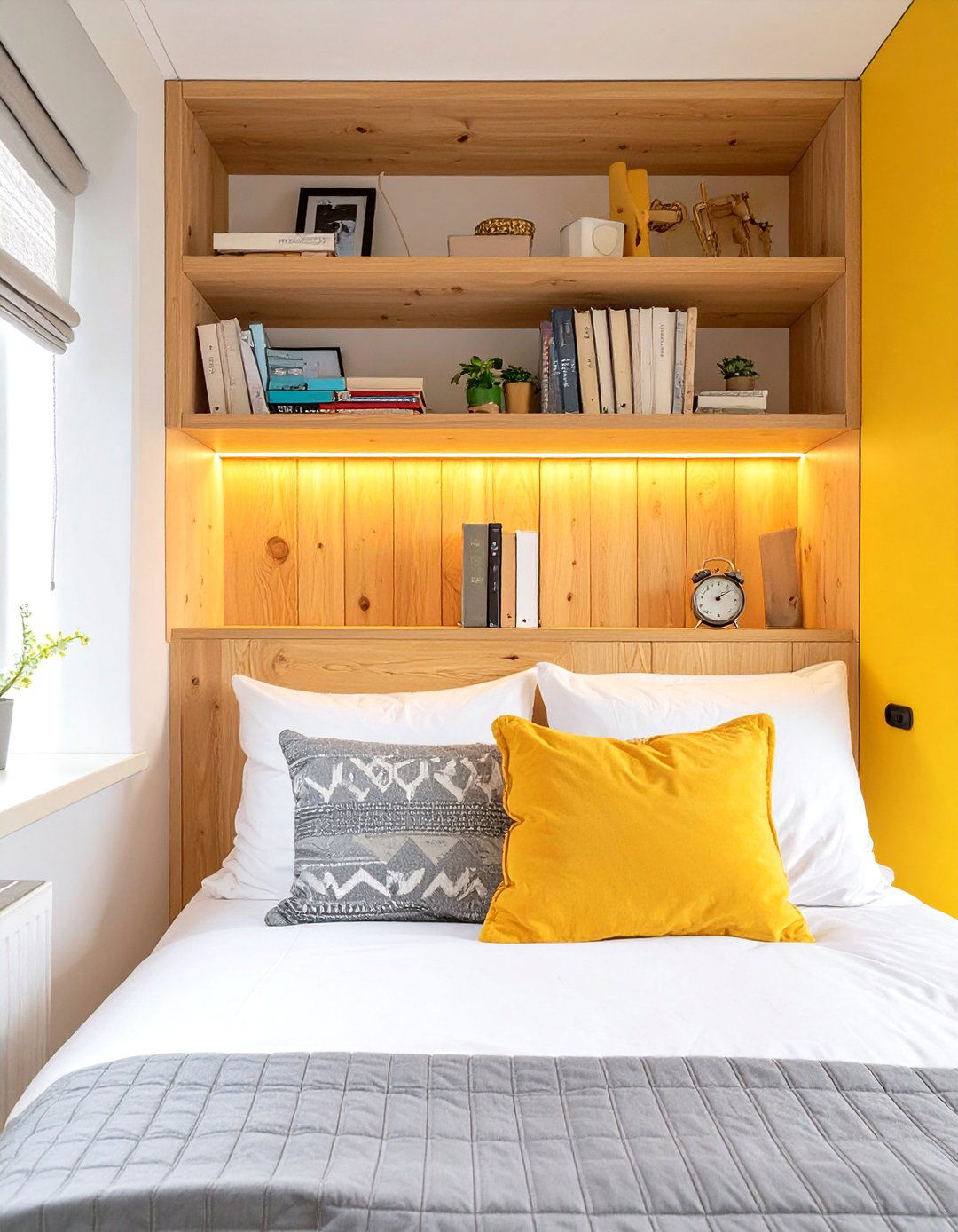 Headboard with Integrated Storage - 30 tiny bedroom ideas