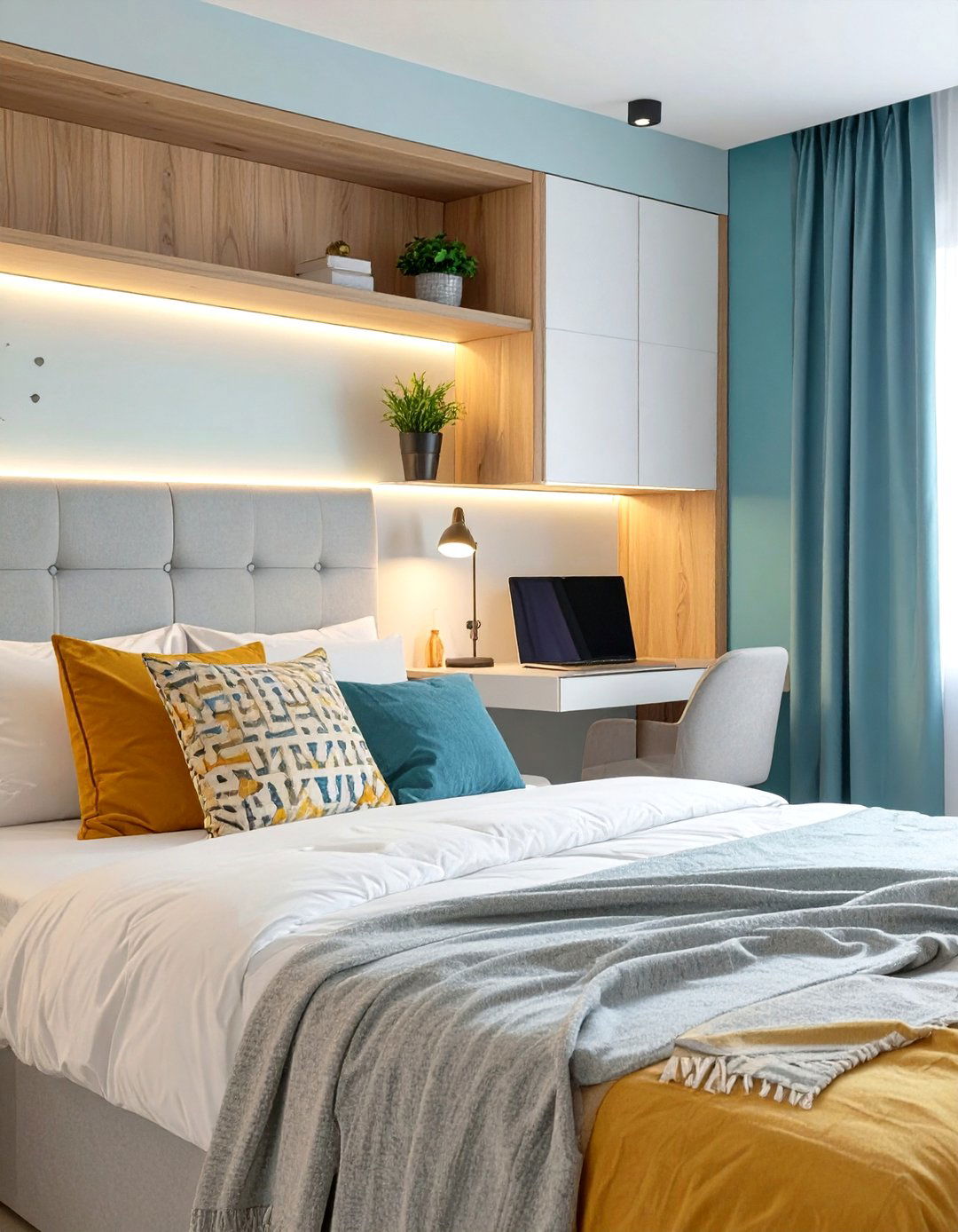 Headboard with an Integrated Shelf Desk - 30 small bedroom office combo ideas