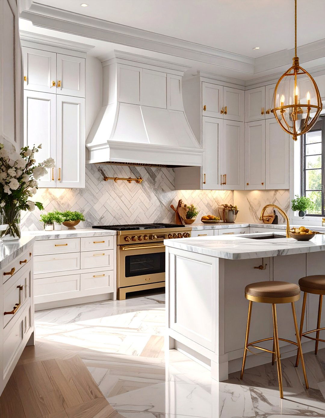 Herringbone Pattern Marble Backsplash - 30 backsplash ideas for white cabinets and quartz countertops