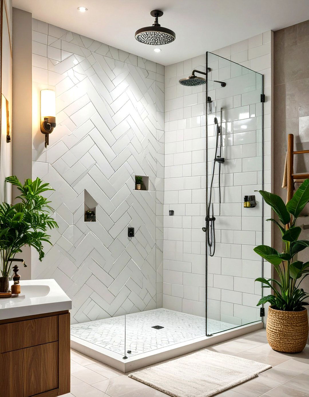 Herringbone Pattern Shower Wall - 30 tiled shower ideas