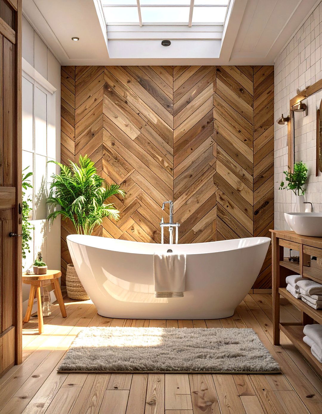 Herringbone Patterned Walls - 30 modern farmhouse bathroom ideas