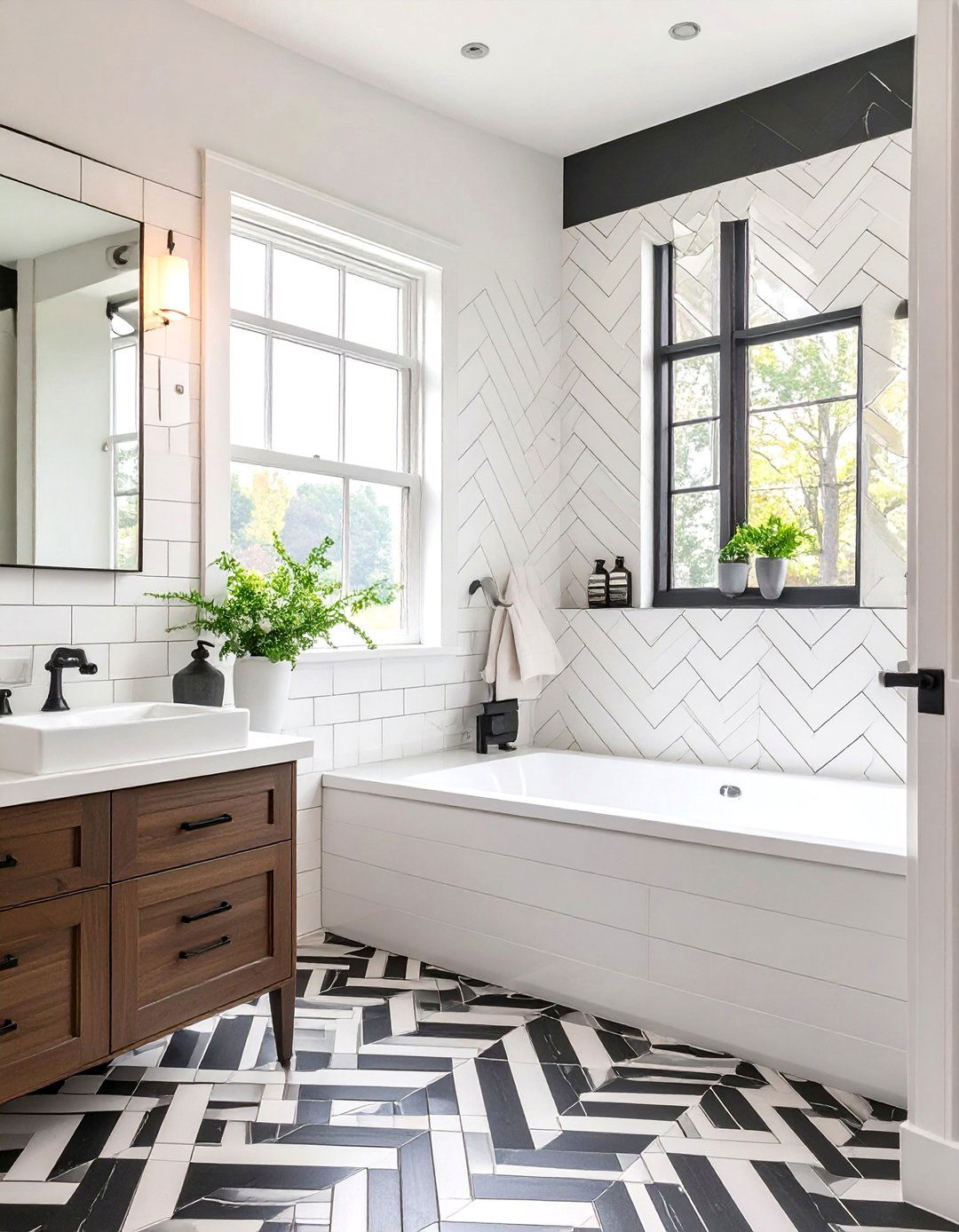 Herringbone Tile Pattern Bathroom - 30 black and white small bathroom ideas