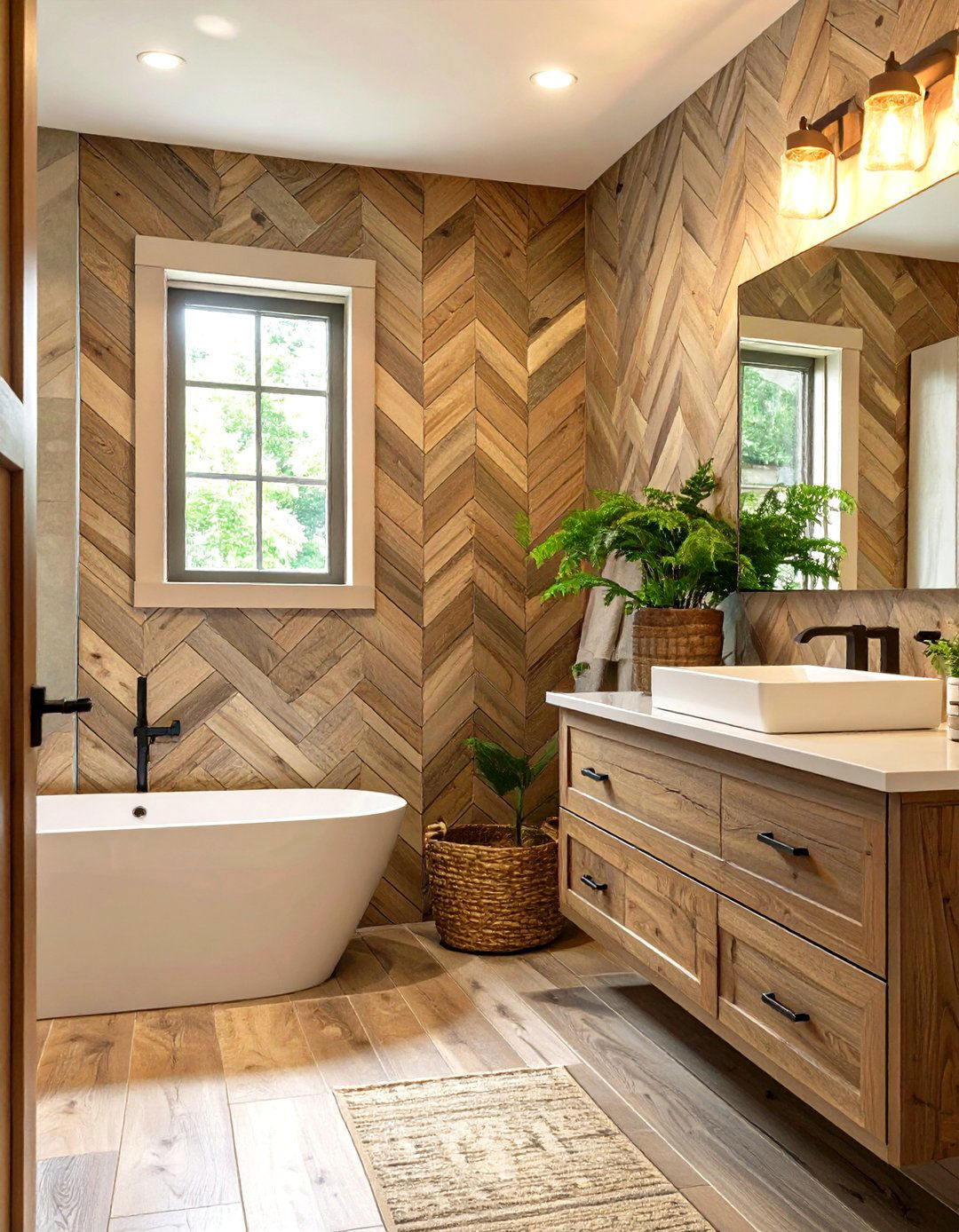 Herringbone Wood Tile Accent Wall - 30 bathroom accent wall ideas