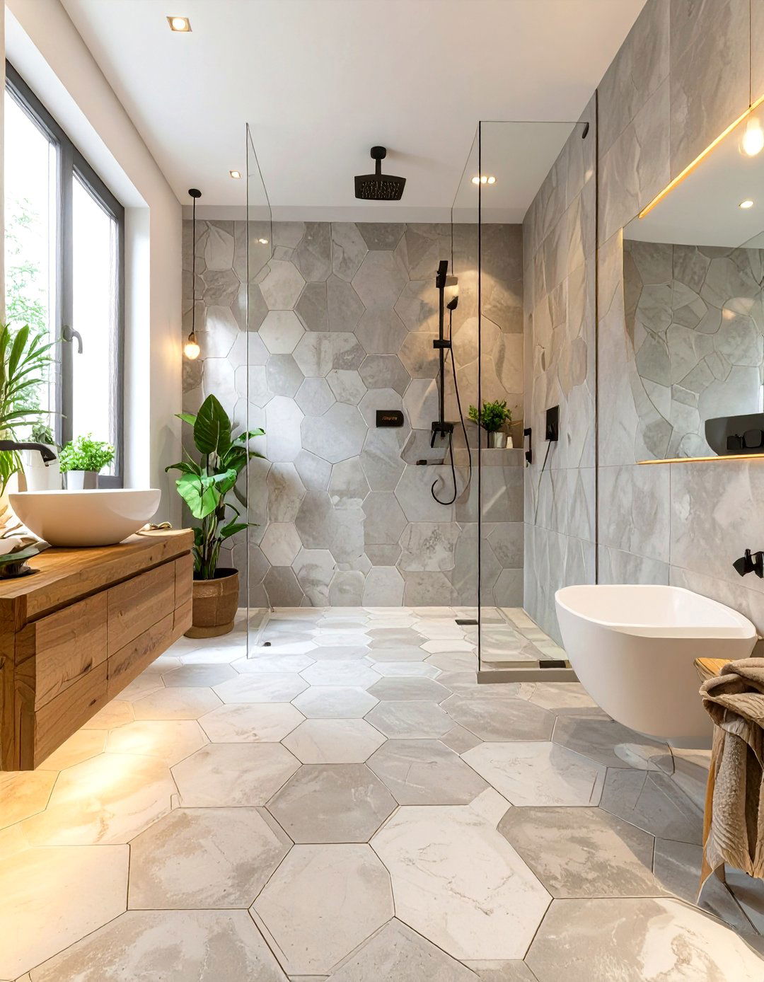 Hexagonal Concrete Effect Shower Tiles - 30 shower tile ideas 2025