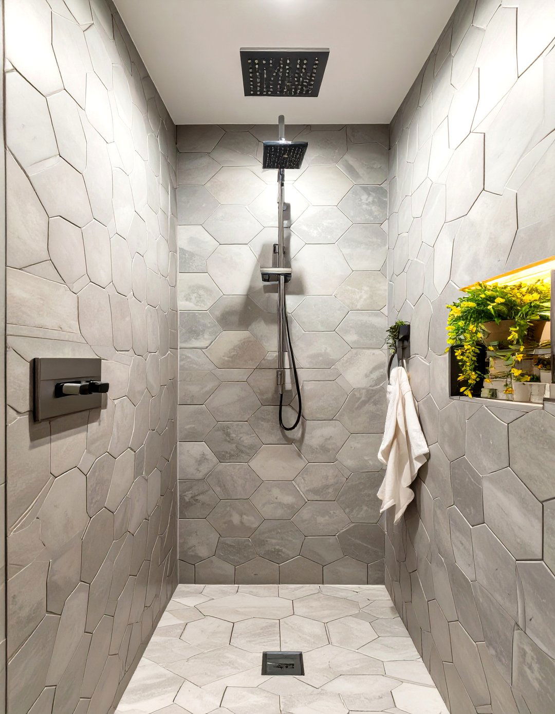 Hexagonal Floor to Ceiling Shower Tiles - 30 tiled shower ideas