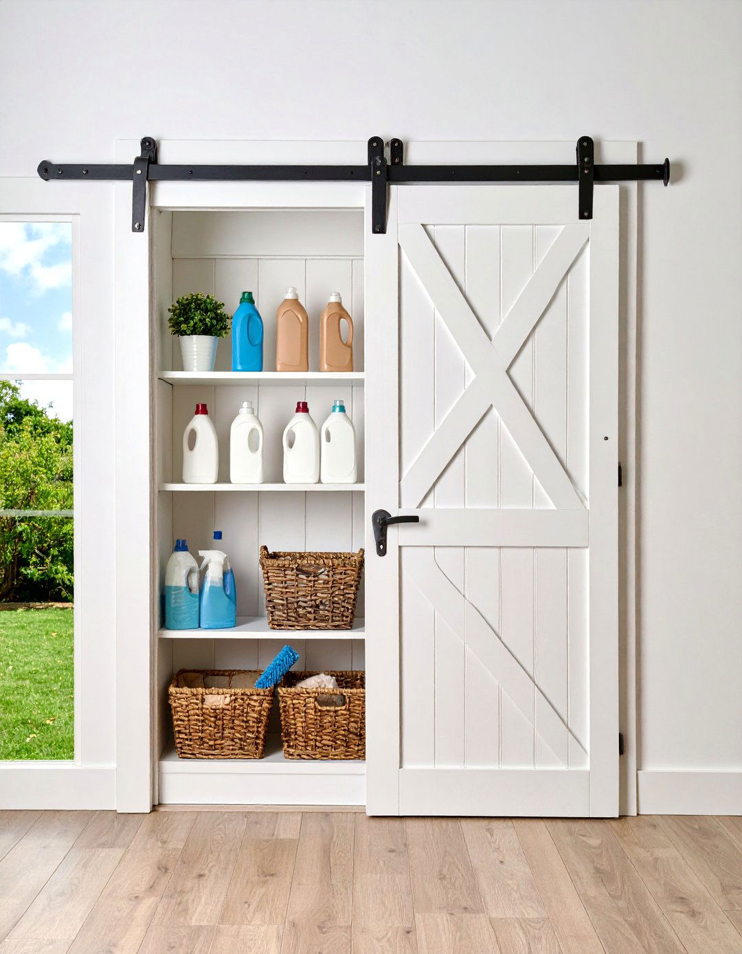 Hidden Shelving Behind a Barn Door - 30 laundry shelf ideas
