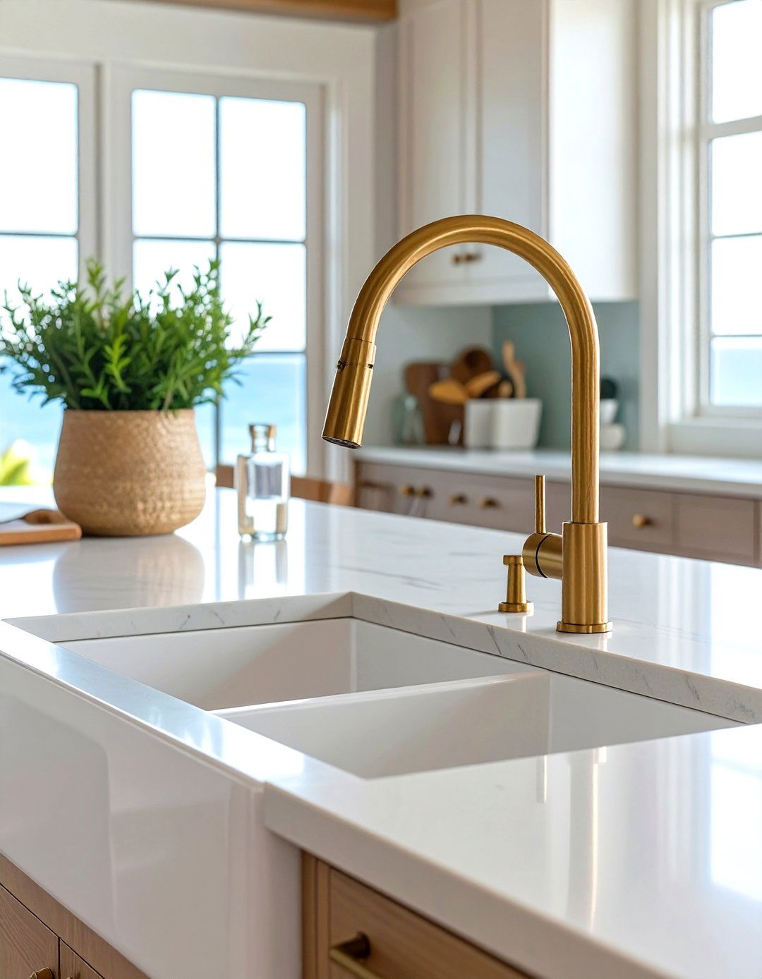 High Arch Gooseneck Faucet - 30 seaside coastal kitchen design ideas