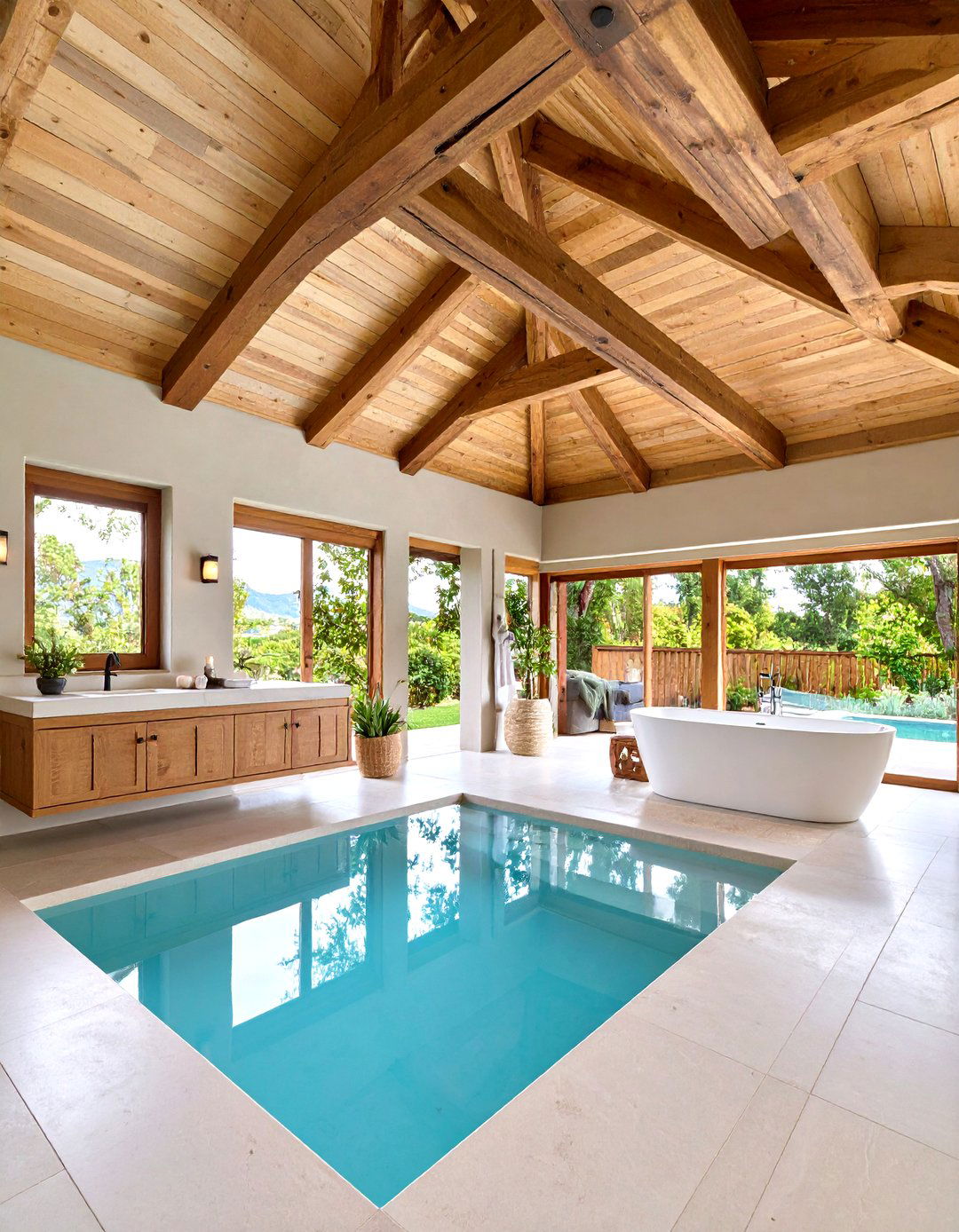 High Ceiling with Exposed Beams - 30 pool bathroom ideas
