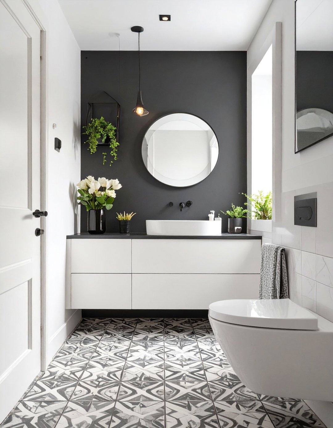High Contrast Bathroom with a Black Accent Wall - 30 black and white bathroom ideas