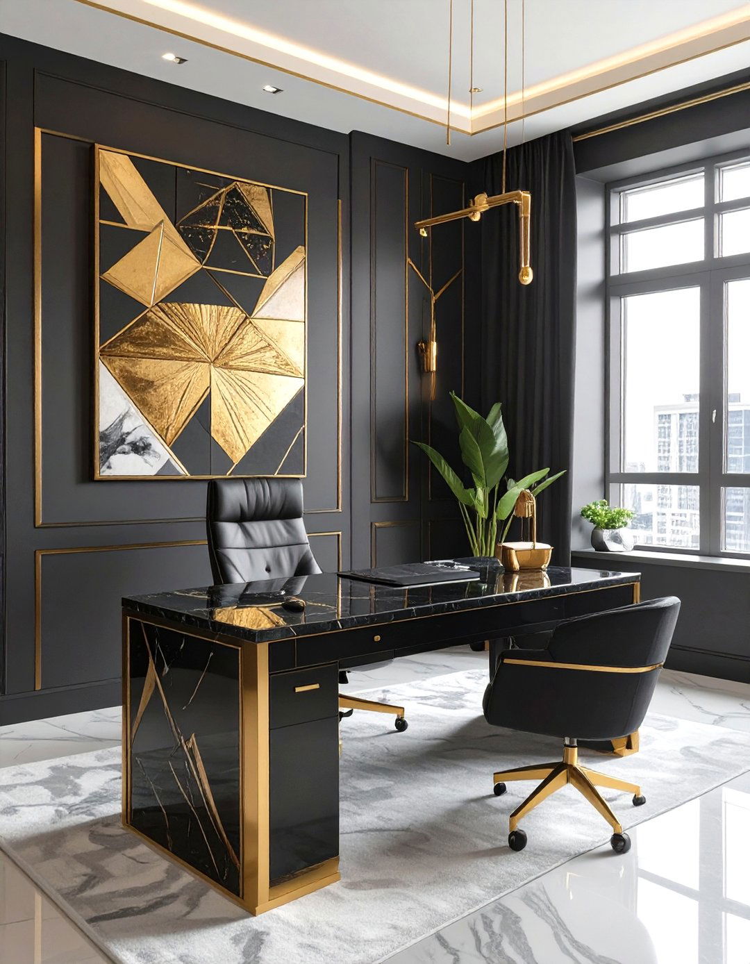 High Contrast Black and Gold Art Deco Office - 30 office color ideas