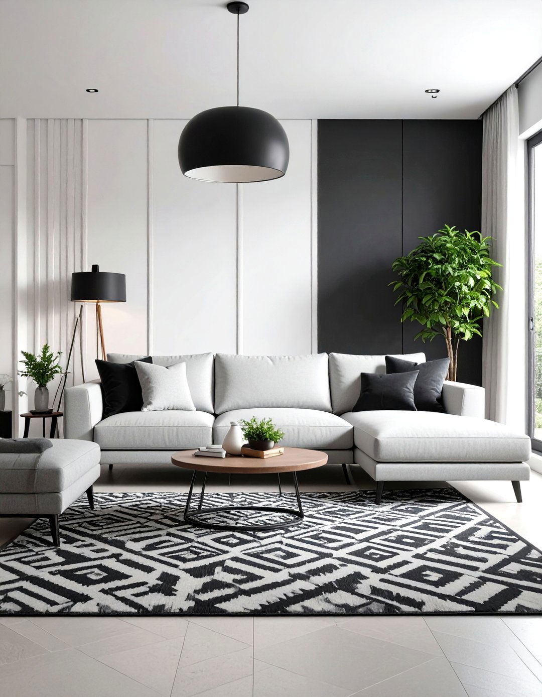 High Contrast Black and White Living Room - 30 light grey couch living room ideas