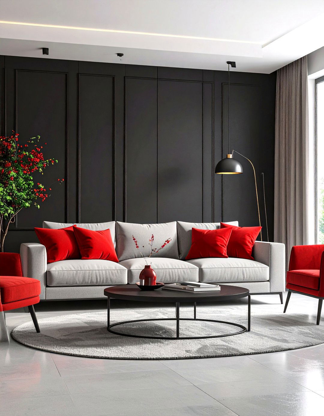 High Contrast Drama Living Room - 30 grey couch living room ideas