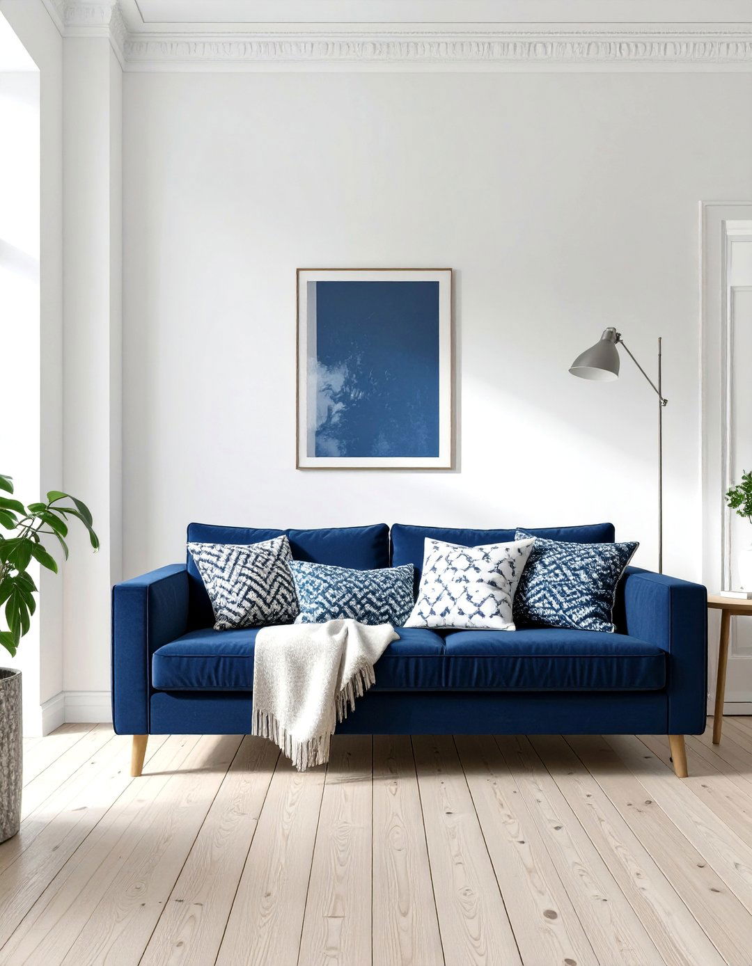 High Contrast Navy and White Living Room - 30 blue couch living room ideas