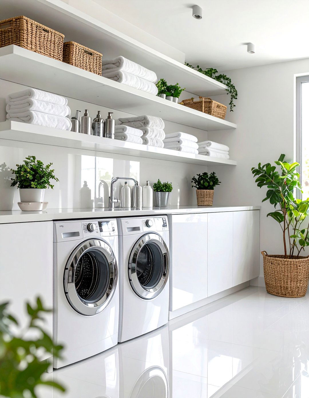 High Gloss Lacquered Shelves - 30 laundry shelf ideas