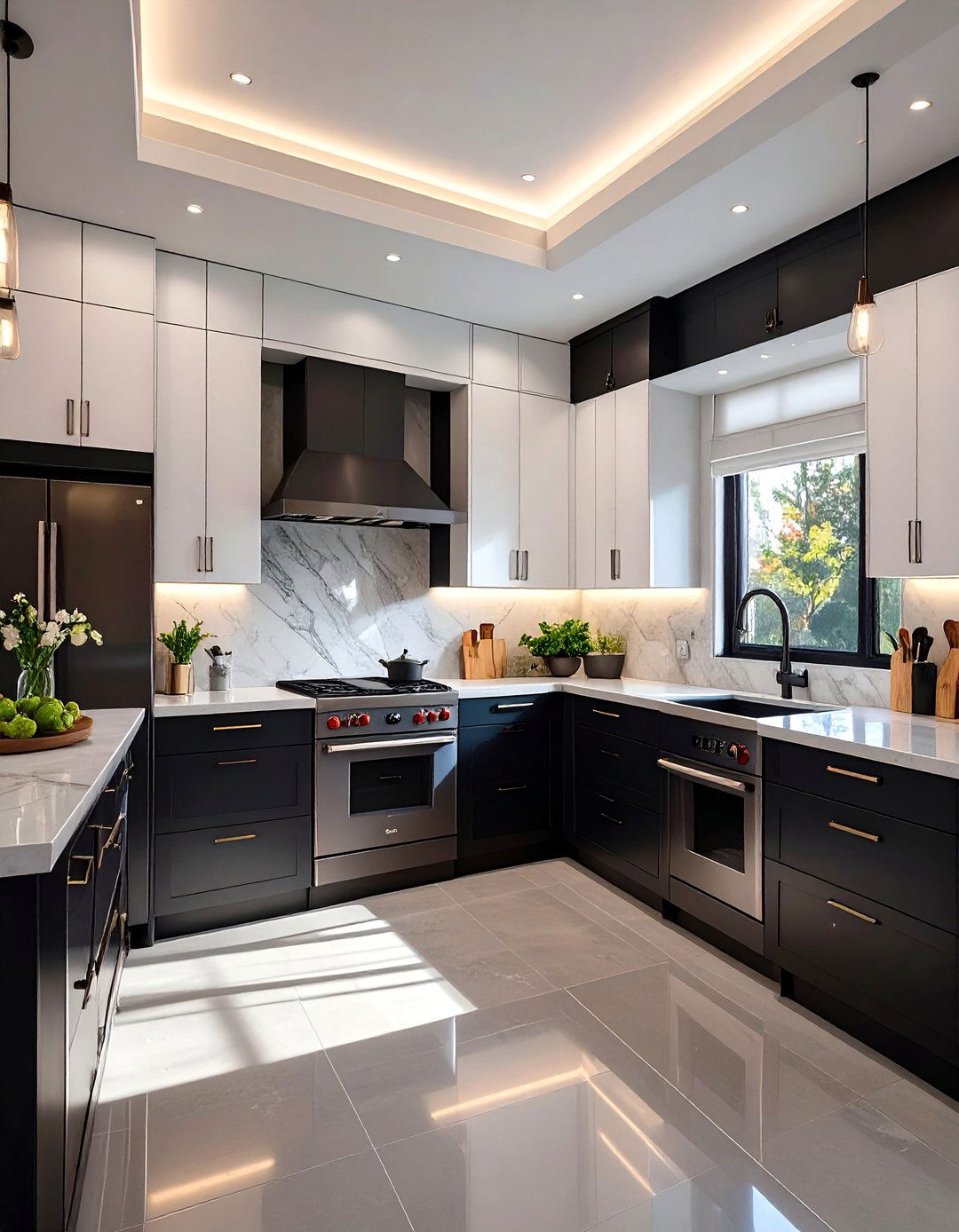 High Gloss White Uppers and Matte Black Lowers - 30 two tone painted kitchen cabinet ideas