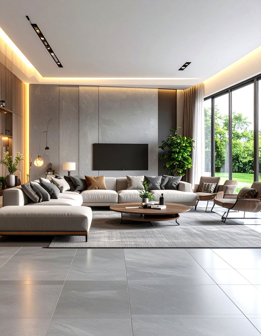 High Tech Living Room with Sleek Grey Porcelain Tile - 30 grey flooring living room ideas
