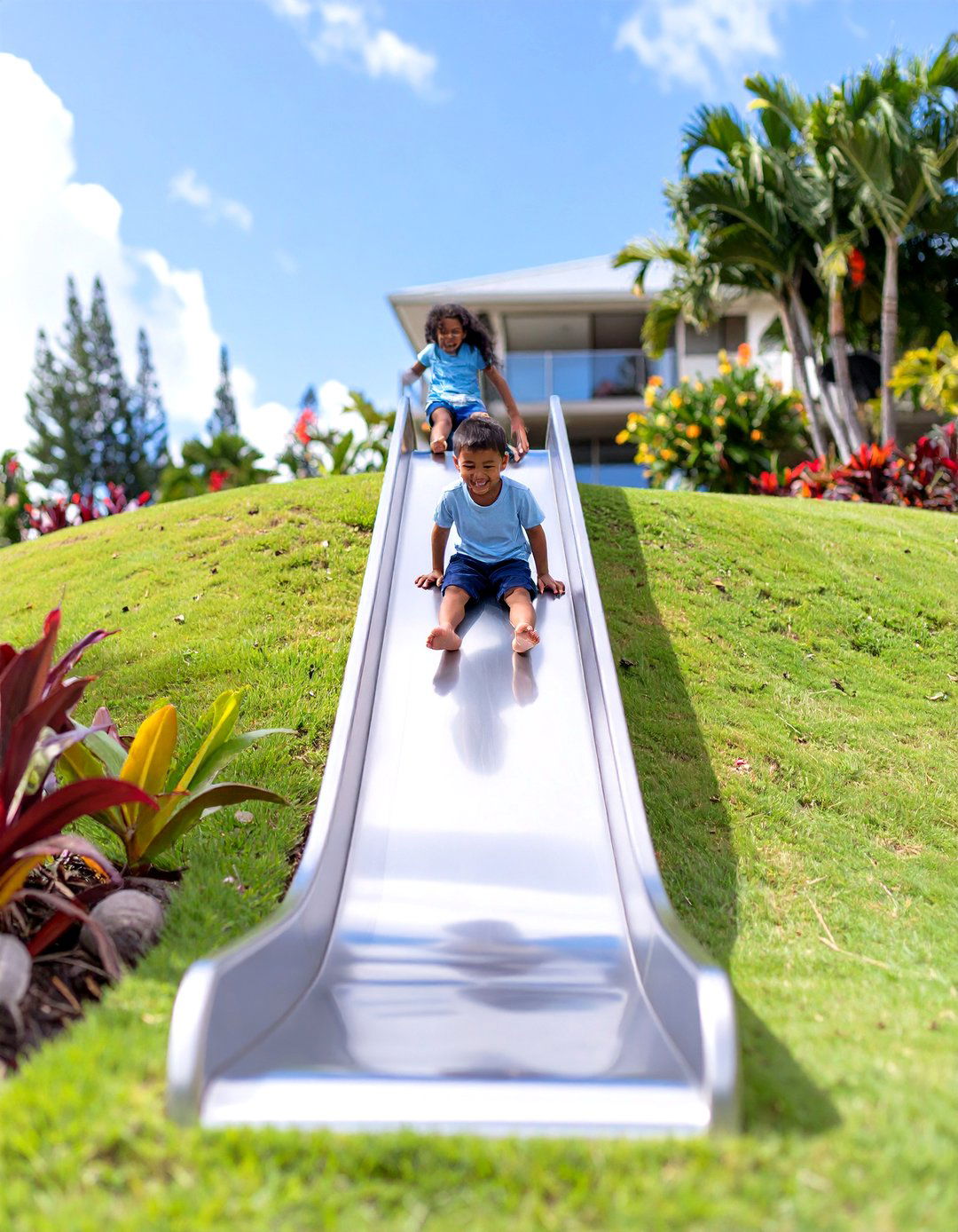 Hillside Slide for Family Fun - 30 sloped backyard landscaping ideas