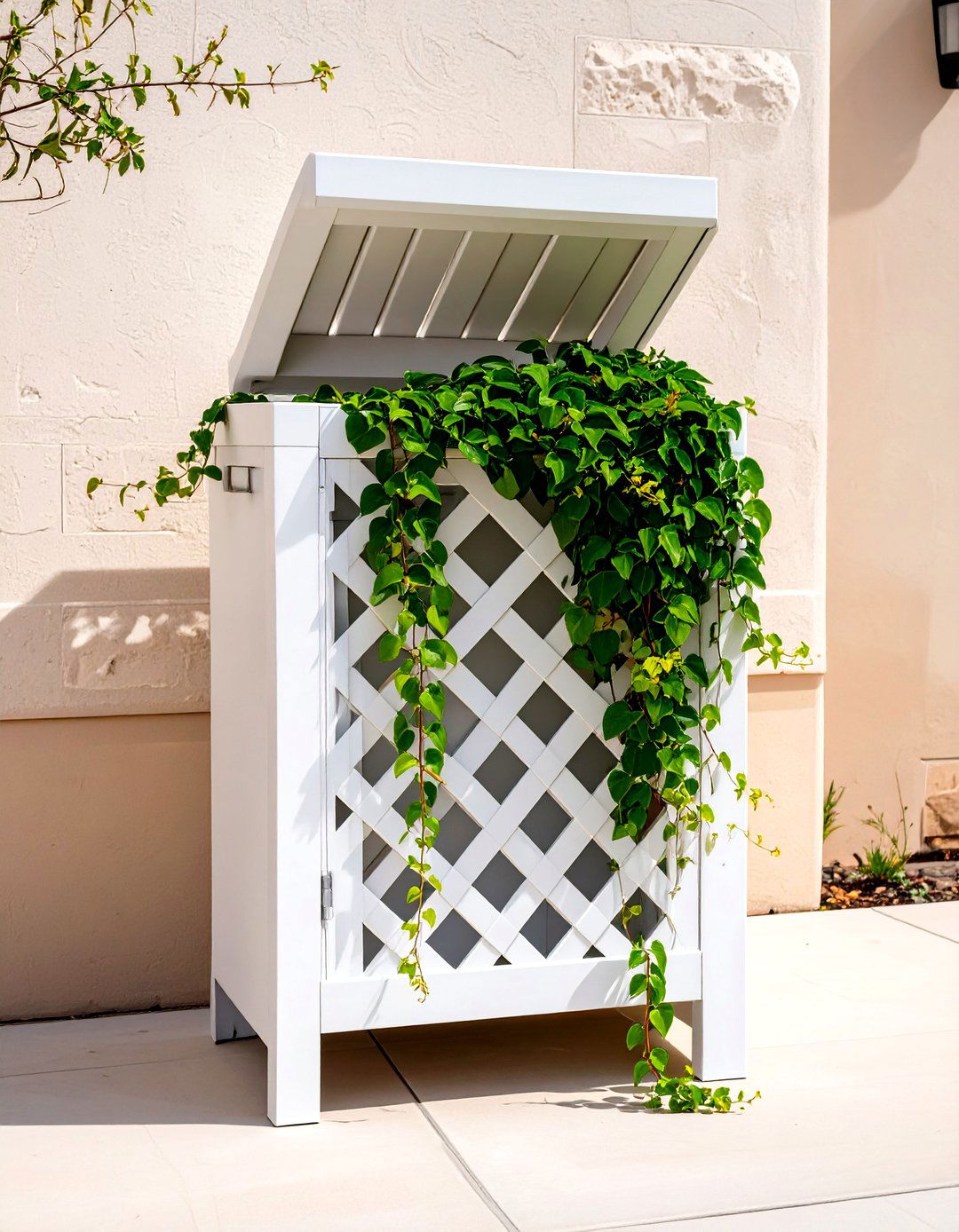 Hinged Lattice Panel Garbage Can Cover - 30 outdoor garbage can storage ideas