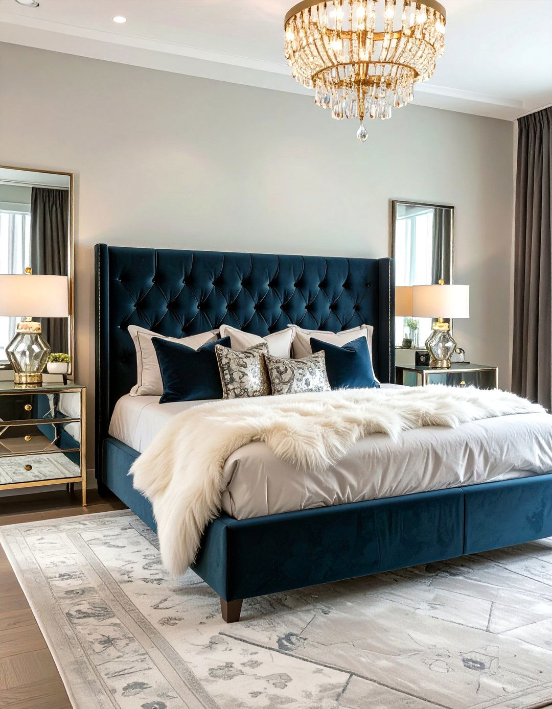Hollywood Glam Bedroom with a Velvet Headboard - 30 women bedroom ideas