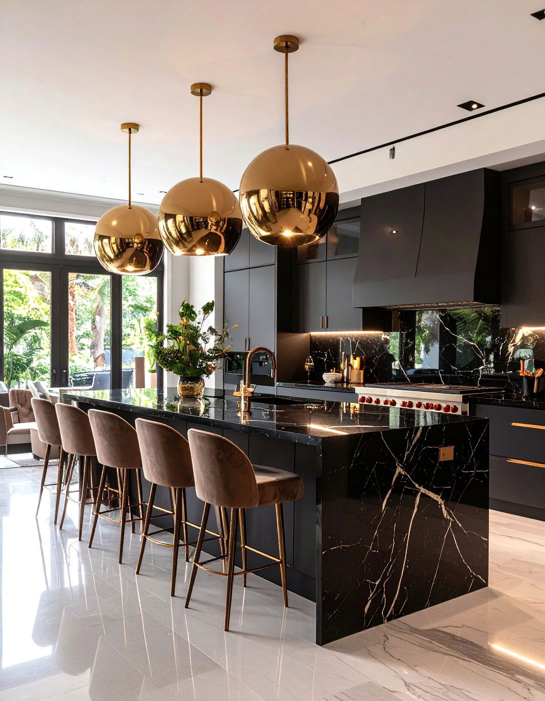Hollywood Regency Kitchen with Polished Brass Pendants - 30 kitchen island pendant lighting ideas
