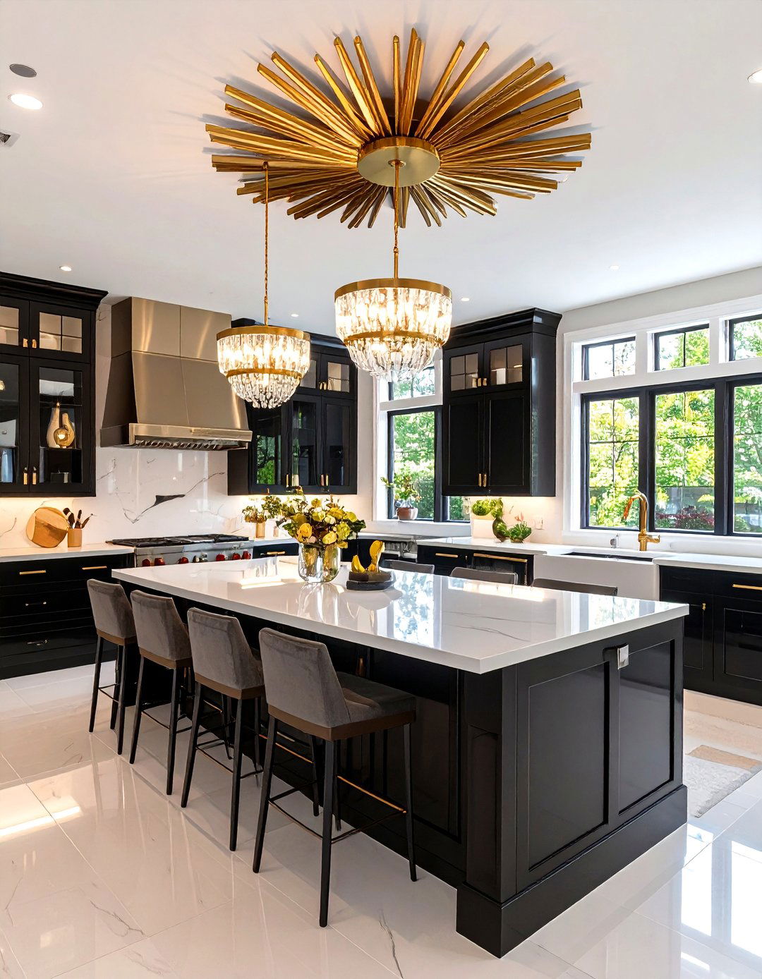 Hollywood Regency Kitchen with a Gilded Fixture - 30 kitchen ceiling lights ideas