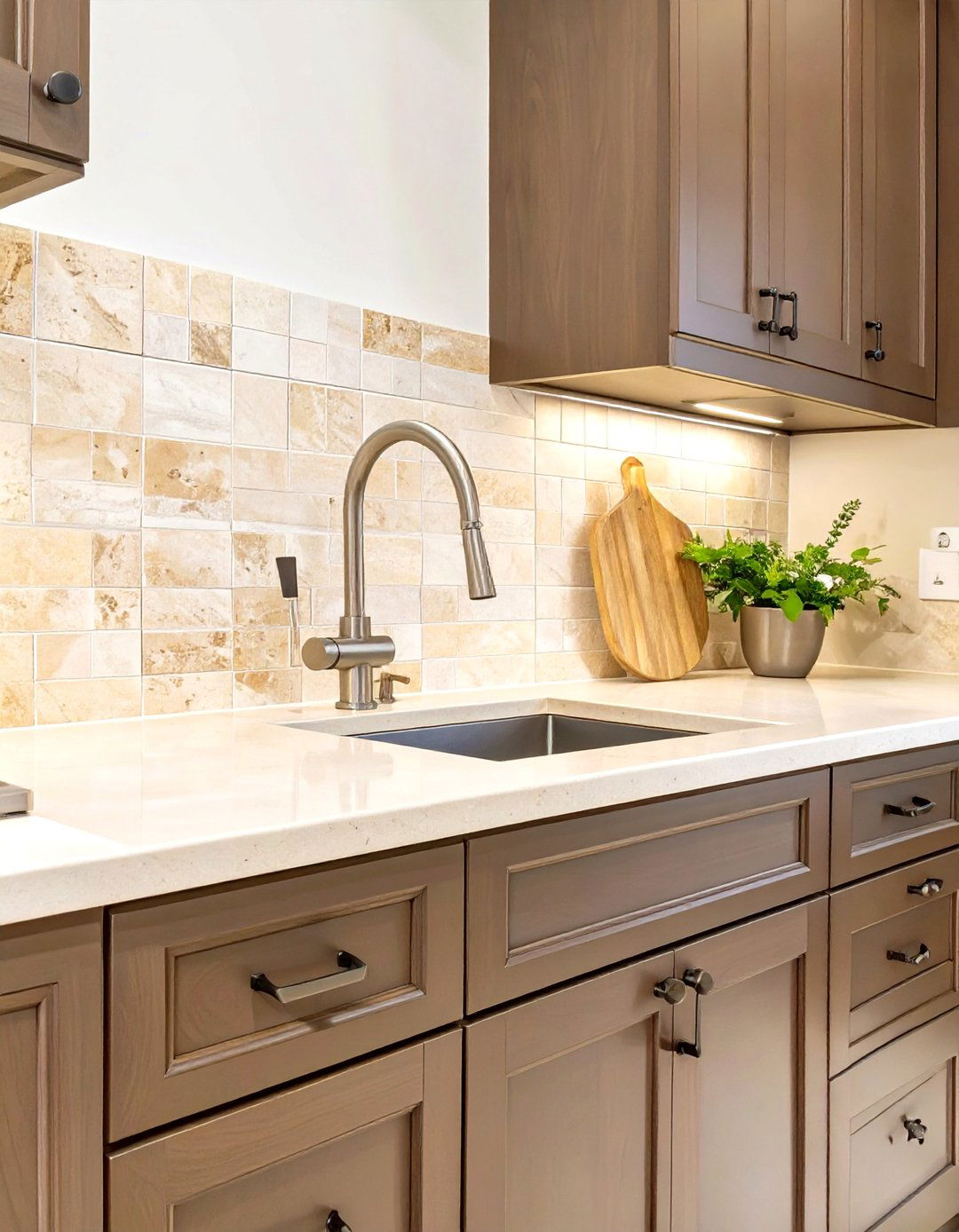 Honed Travertine Tile - 30 backsplash ideas for dark cabinets and light countertops