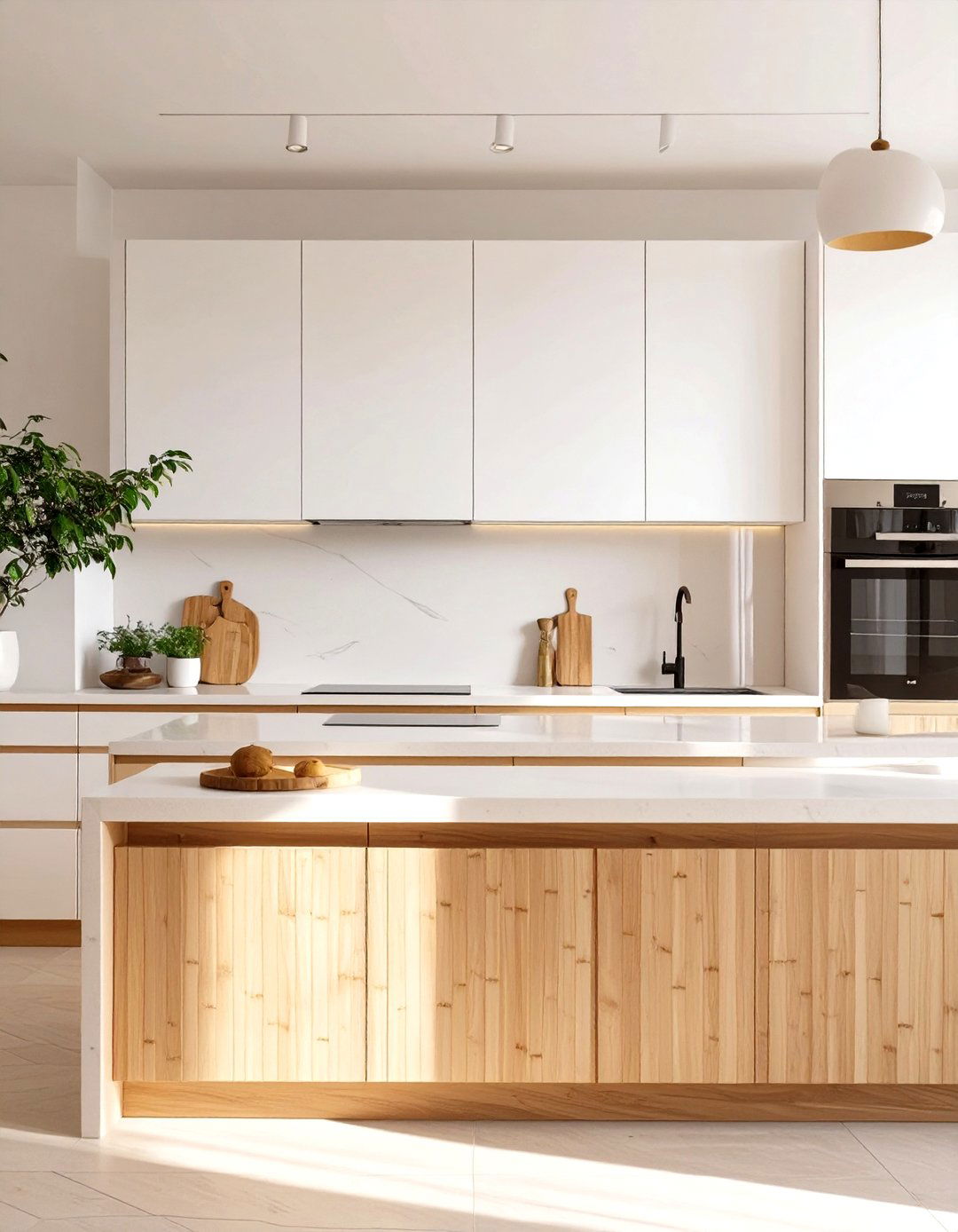 Horizontal Grain Wood Lowers with White Flat Panel Uppers - 30 two tone kitchen cabinet ideas