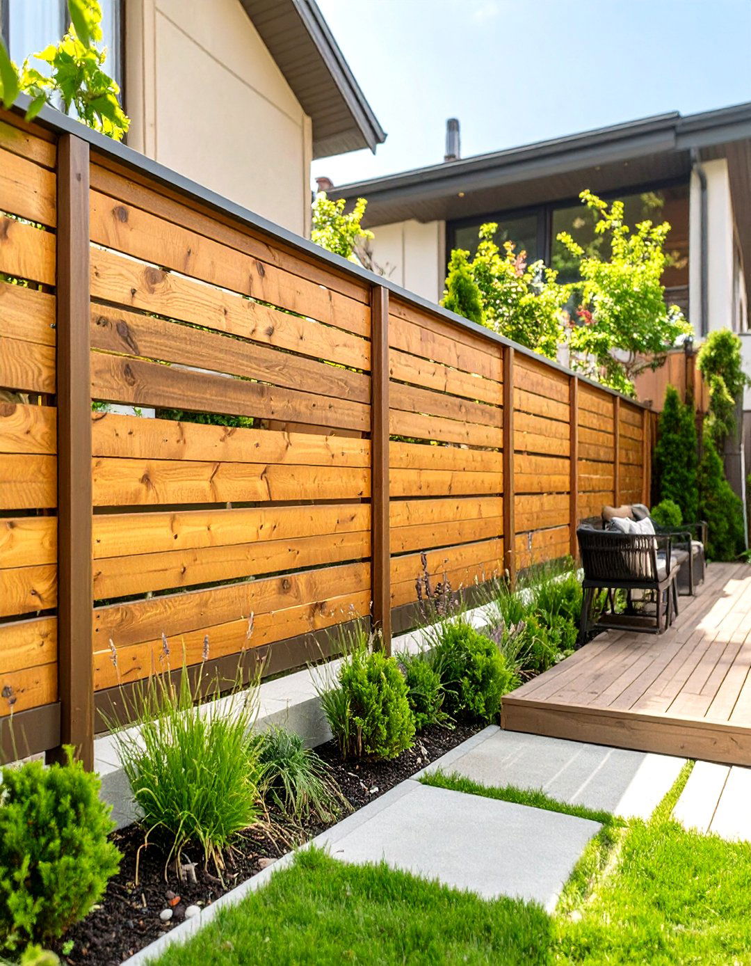 Horizontal Slat Wood Fence - 30 tall backyard privacy ideas