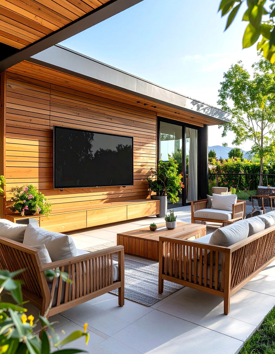Horizontal Slat Wood Outdoor TV Wall - 30 outdoor tv wall ideas