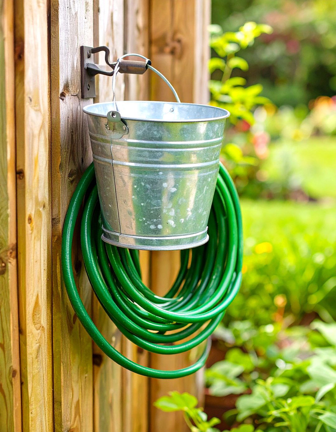 Hose Holder from a Galvanized Bucket - 30 simple garden ideas