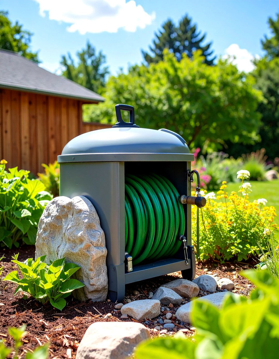 Hose Storage Inside a Faux Rock - 30 garden hose storage ideas