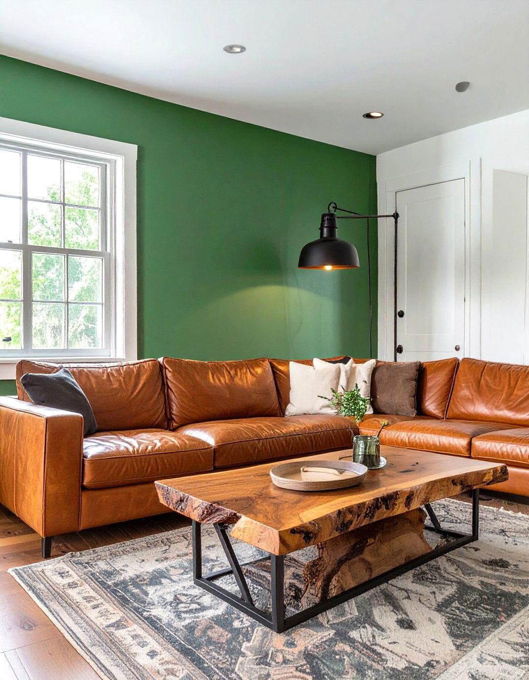Hunter Green and Leather Living Room - 30 green living room ideas