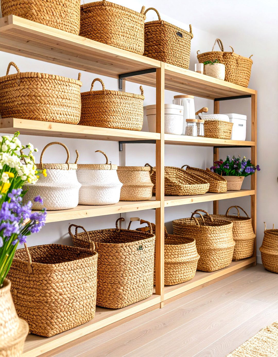 Hyacinth Baskets on Pantry Shelves - 30 pantry shelf ideas
