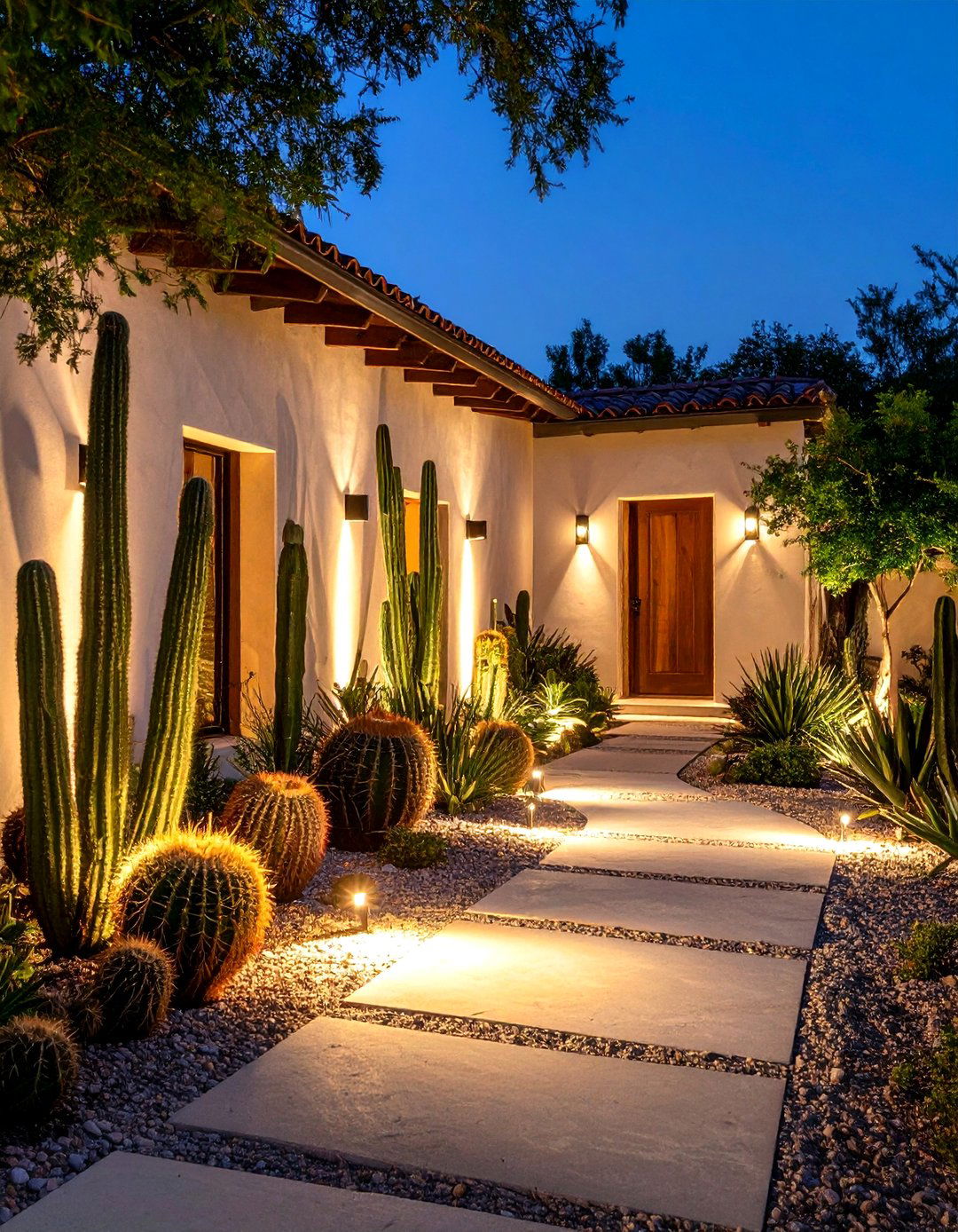 Illuminated Nightscape Cactus Garden - 30 front yard cactus garden ideas