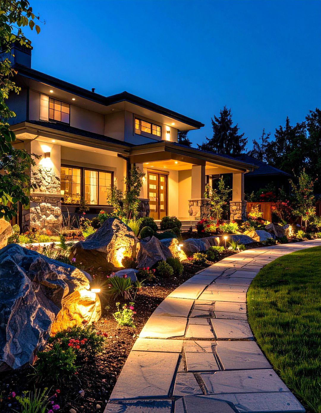 Illuminating Rocks with Landscape Lighting - 30 front yard landscaping ideas with rocks