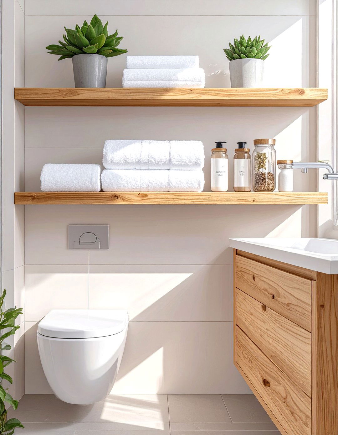 Implement Vertical Wall Shelving - 30 small guest bathroom ideas