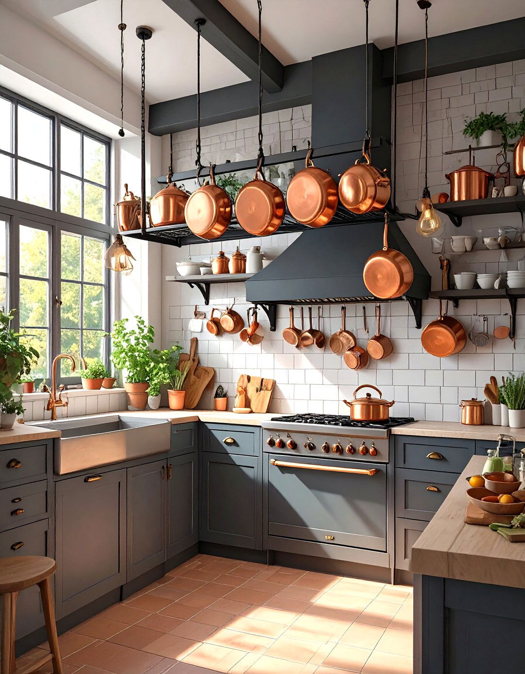 Implement a Hanging Pot Rack - 30 small kitchen decorating ideas