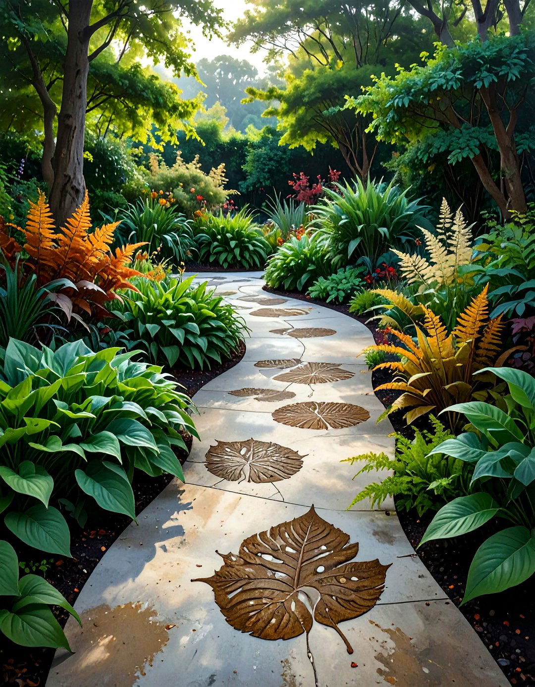 Imprinted Leaf Concrete Garden Path - 30 unique garden path ideas