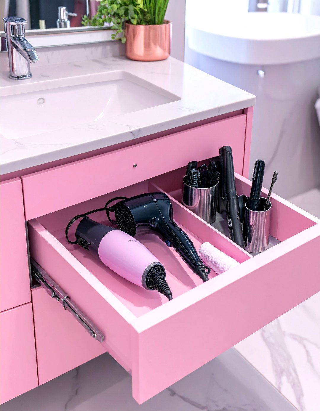 In Drawer Outlet for Styling Tools - 30 bathroom drawer organization ideas