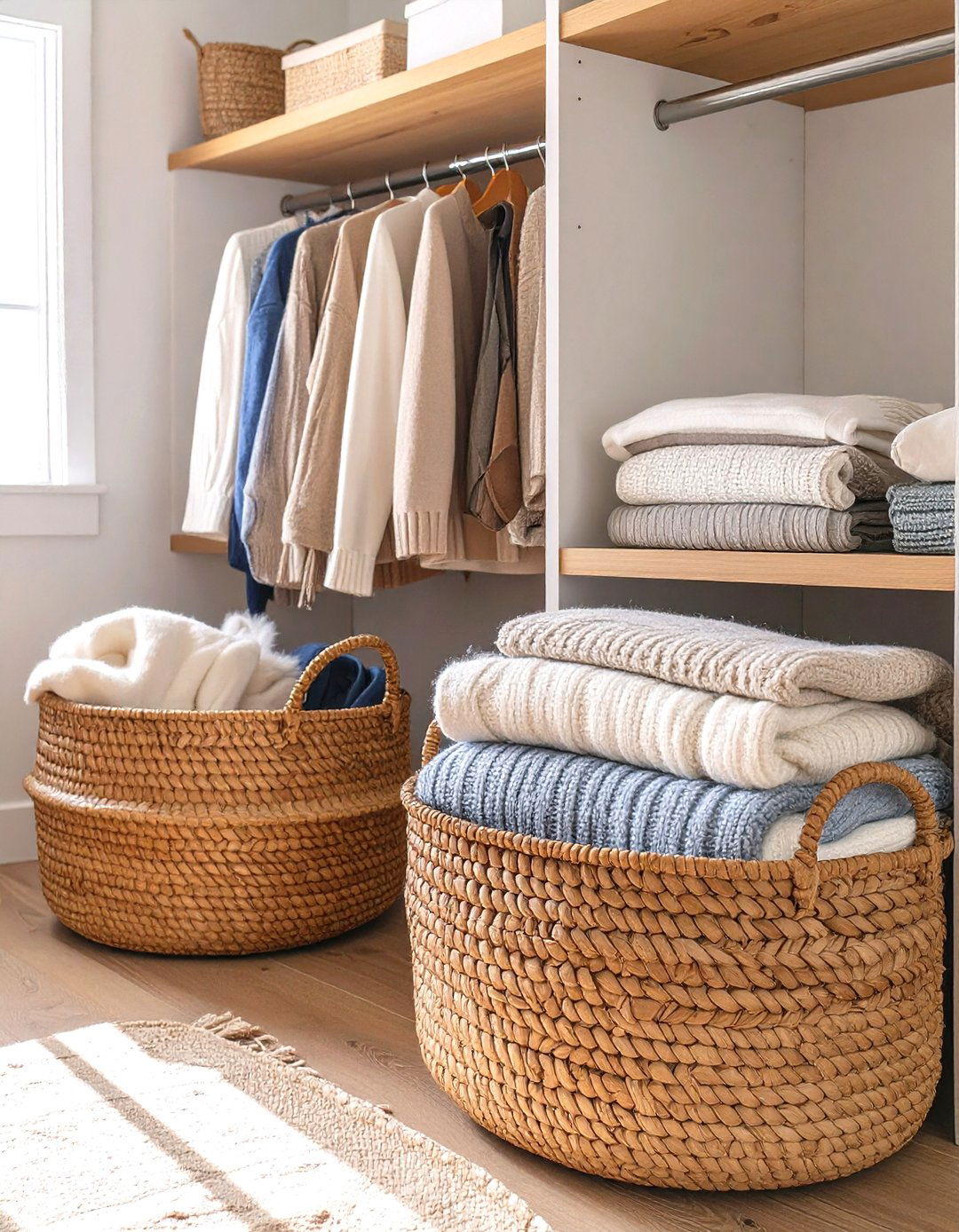 Incorporate Baskets for Bulky Items - 30 ways to organize your closet ideas