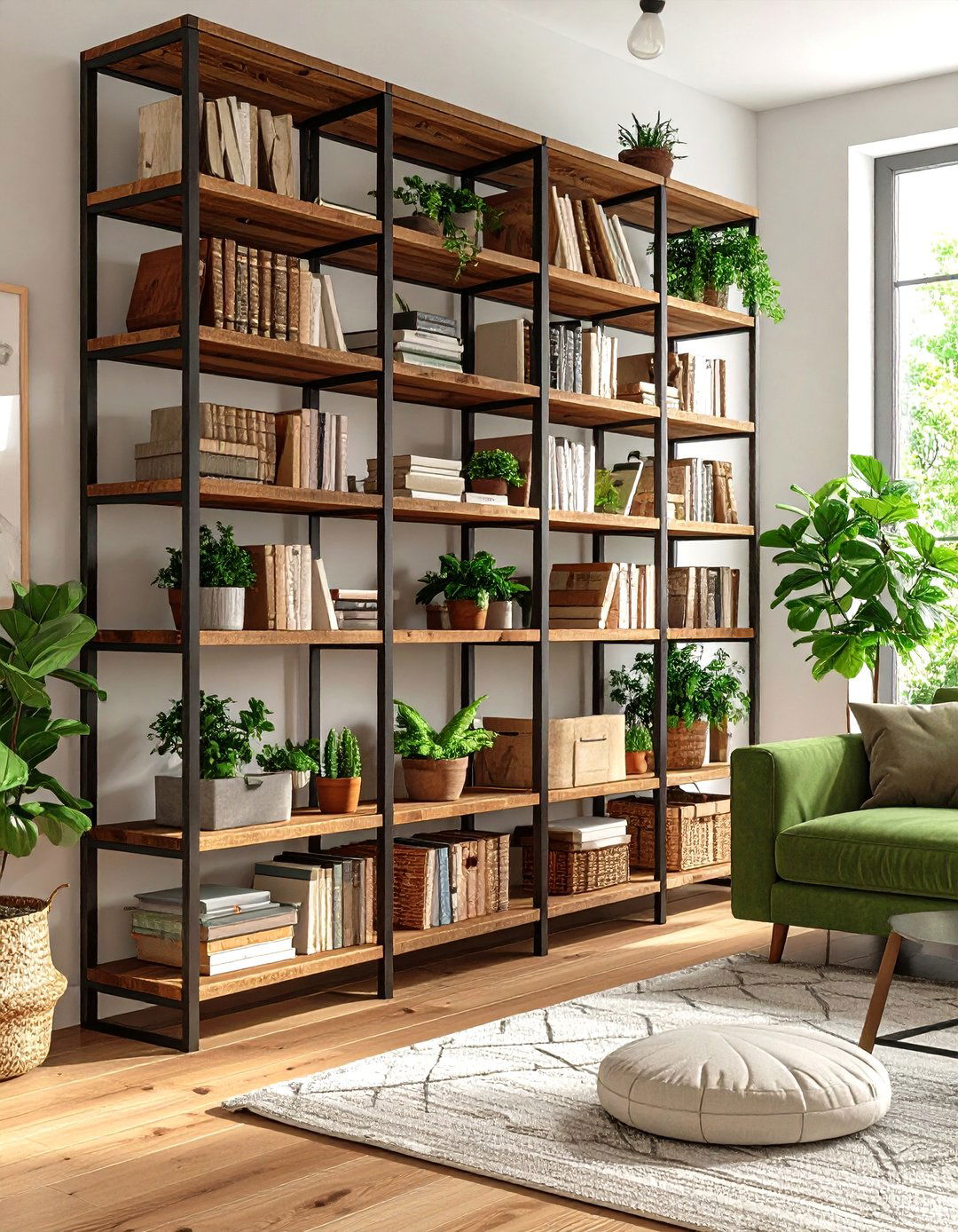 Incorporating Industrial Style Metal Shelving - 30 rustic living room ideas