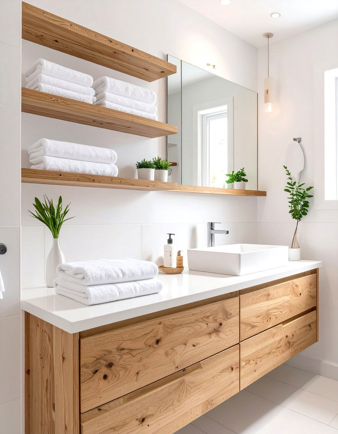 Incorporating Natural Wood Elements - 30 small white bathroom ideas