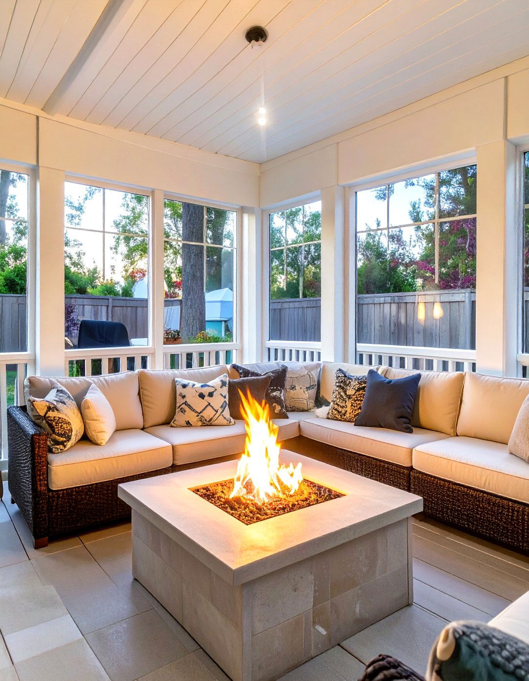 Incorporating a Portable Fire Pit Table - 30 simple screened in porch ideas