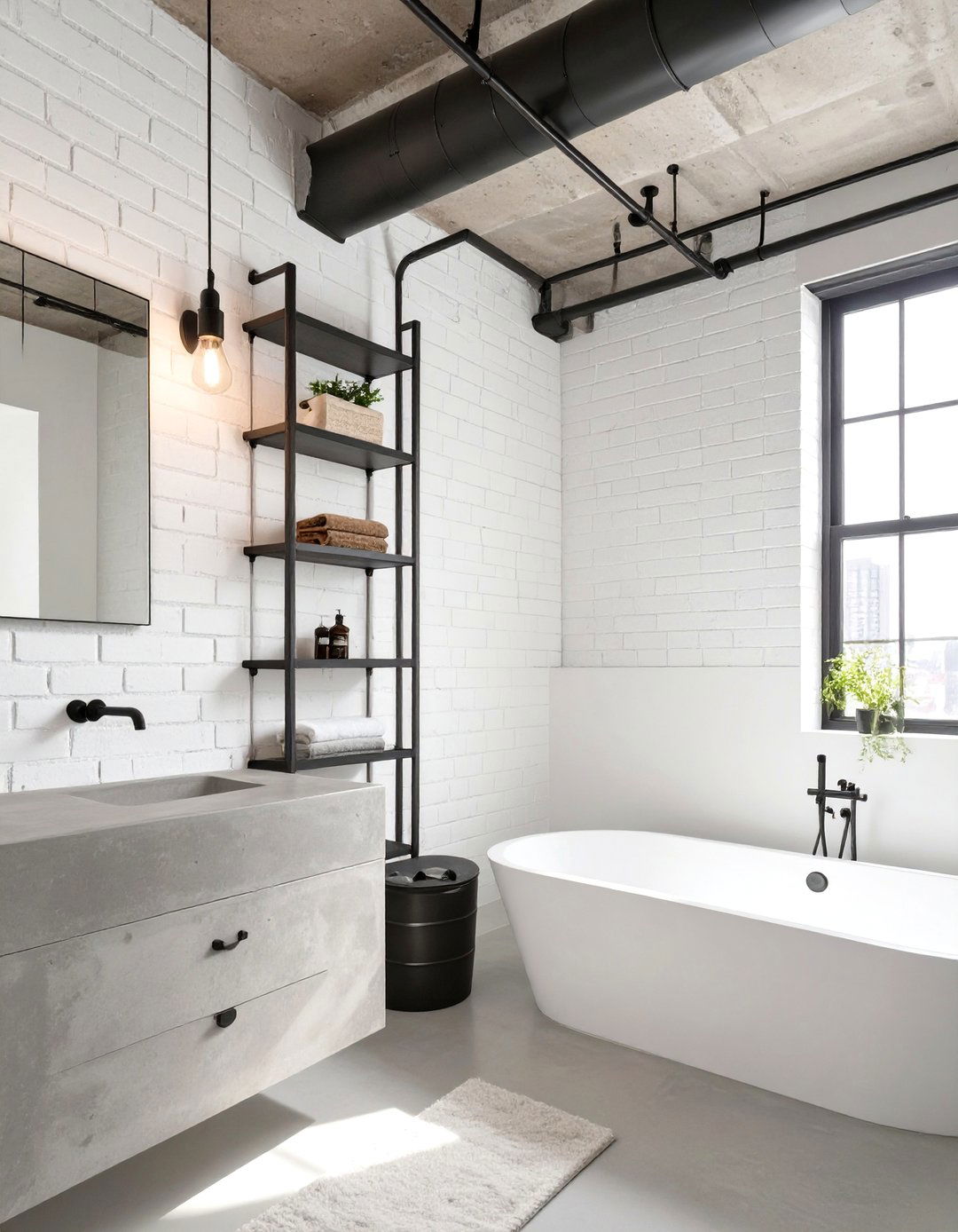 Industrial Bathroom with Exposed Brick - 30 black and white bathroom ideas